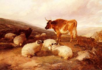 Thomas Sidney Cooper : Rams And A Bull In A Highland Landscape